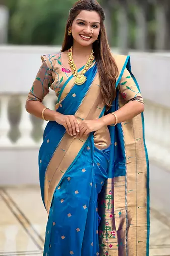 Sky blue silk blend saree with paithani rich weaved pallu and blouse