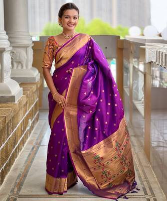 Magenta silk blend saree with paithani rich weaved pallu and blouse 2