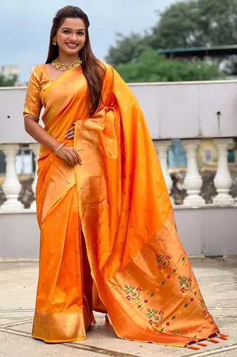 Orange silk blend saree with paithani rich weaved pallu and blouse