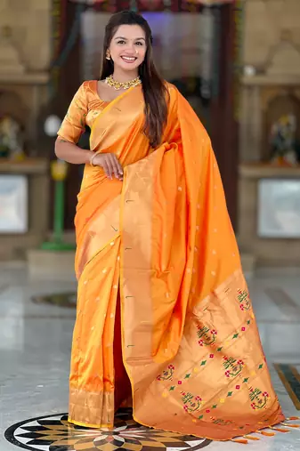 Orange silk blend saree with paithani rich weaved pallu and blouse