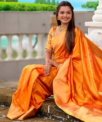 Orange silk blend saree with paithani rich weaved pallu and blouse 4