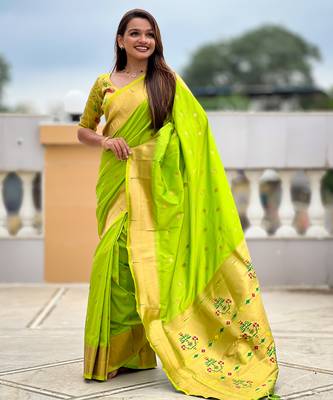 Parrot green silk blend saree with paithani rich weaved pallu and blouse 2