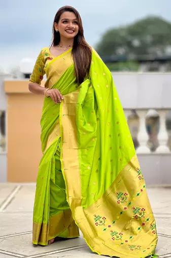 Parrot green silk blend saree with paithani rich weaved pallu and blouse