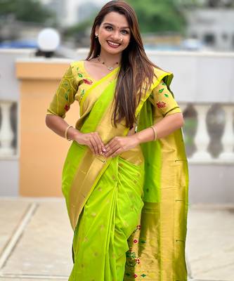 Parrot green silk blend saree with paithani rich weaved pallu and blouse 3