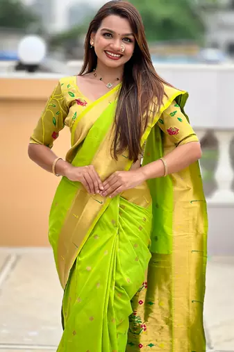 Parrot green silk blend saree with paithani rich weaved pallu and blouse
