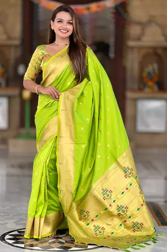 Parrot green silk blend saree with paithani rich weaved pallu and blouse