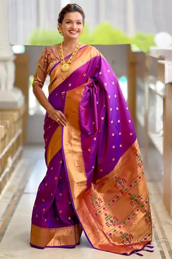 Purple silk blend saree with paithani rich weaved pallu and blouse