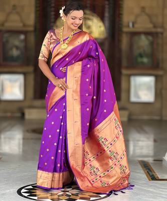 Purple silk blend saree with paithani rich weaved pallu and blouse 3
