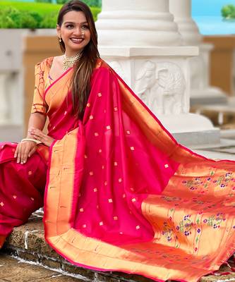 Rani pink silk blend saree with paithani rich weaved pallu and blouse 1