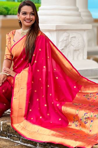 Rani pink silk blend saree with paithani rich weaved pallu and blouse