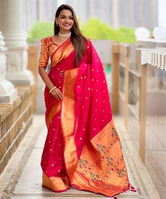 Rani pink silk blend saree with paithani rich weaved pallu and blouse 2