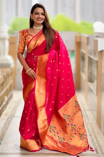 Rani pink silk blend saree with paithani rich weaved pallu and blouse
