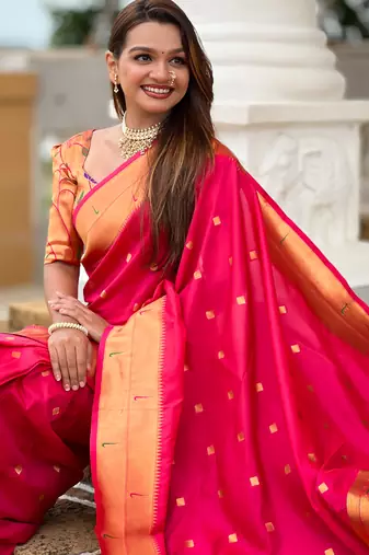 Rani pink silk blend saree with paithani rich weaved pallu and blouse