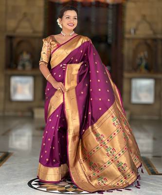 Wine silk blend saree with paithani rich weaved pallu and blouse 1