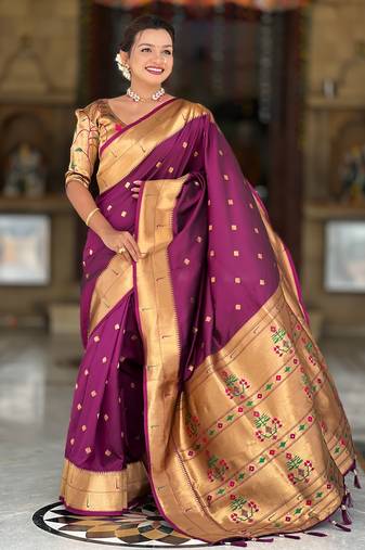 Wine silk blend saree with paithani rich weaved pallu and blouse