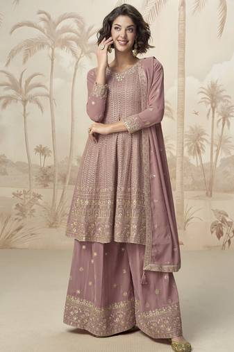 Peach georgette embroidered designer plazzo suit