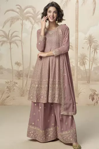 Peach georgette embroidered designer plazzo suit
