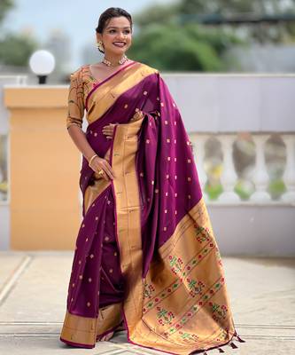 Wine silk blend saree with paithani rich weaved pallu and blouse 3