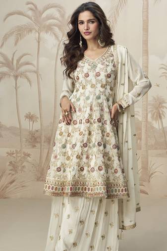 Off white georgette embroidered designer plazzo suit