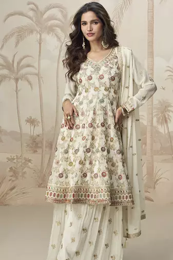 Off white georgette embroidered designer plazzo suit