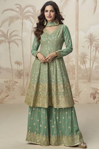 Pista green georgette embroidered designer plazzo suit