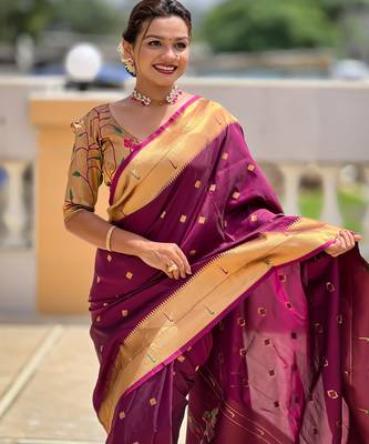 Wine silk blend saree with paithani rich weaved pallu and blouse 5