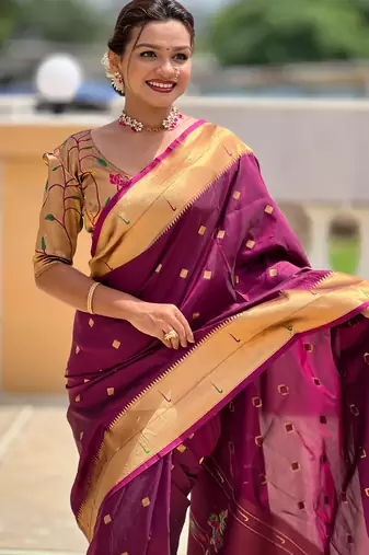 Wine silk blend saree with paithani rich weaved pallu and blouse
