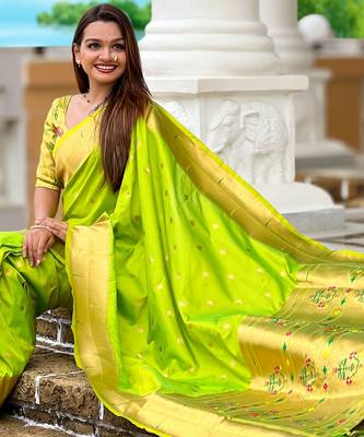 Parrot green silk blend saree with paithani rich weaved pallu and blouse 1