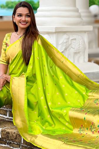 Parrot green silk blend saree with paithani rich weaved pallu and blouse