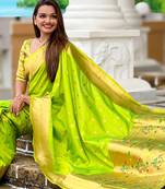 Parrot green silk blend saree with paithani rich weaved pallu and blouse