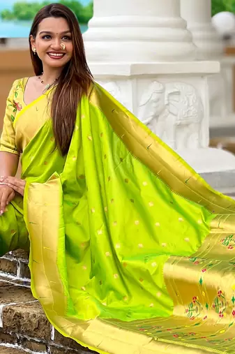 Parrot green silk blend saree with paithani rich weaved pallu and blouse
