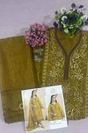 Heavy organza with boring embroidered sequin work semistitched pakistani suit