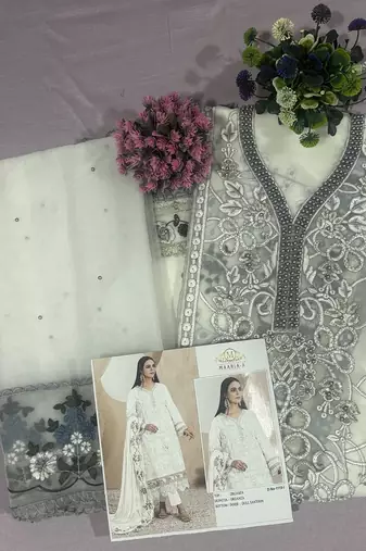 Heavy organza with boring embroidered sequin work semistitched pakistani suit