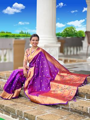 Purple silk blend saree with paithani rich weaved pallu and blouse 5