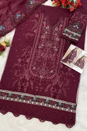 Heavy organza with boring embroidered sequin work semistitched pakistani suit