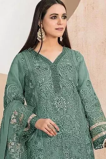 Heavy organza with boring embroidered sequin work semistitched pakistani suit