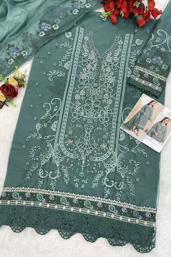Heavy organza with boring embroidered sequin work semistitched pakistani suit