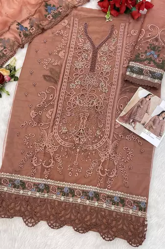 Heavy organza with boring embroidered sequin work semistitched pakistani suit