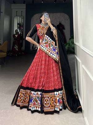 red Cotton Printed Chaniya Choli with Gamthi Work and Mirror Embellishments 1