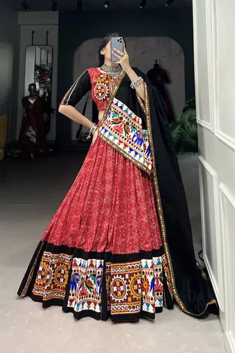 red Cotton Printed Chaniya Choli with Gamthi Work and Mirror Embellishments