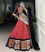 red Cotton Printed Chaniya Choli with Gamthi Work and Mirror Embellishments