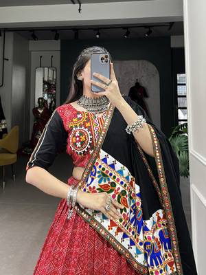 red Cotton Printed Chaniya Choli with Gamthi Work and Mirror Embellishments 2