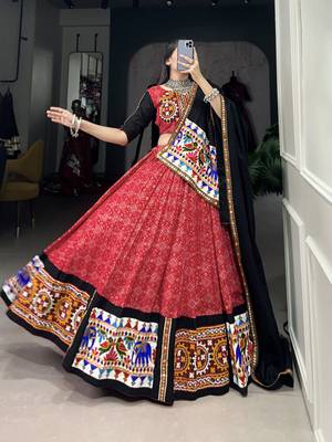 red Cotton Printed Chaniya Choli with Gamthi Work and Mirror Embellishments 5