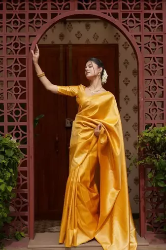 Mustard color silk blend saree with blouse