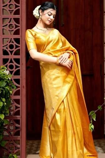 Mustard color silk blend saree with blouse