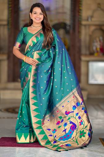 Rama color faux banarasi silk saree with paithani rich weaved pallu and blouse