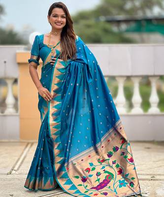 Sky blue color faux banarasi silk saree with paithani rich weaved pallu and blouse 1