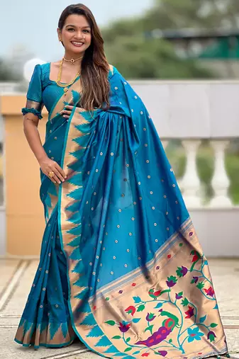 Sky blue color faux banarasi silk saree with paithani rich weaved pallu and blouse