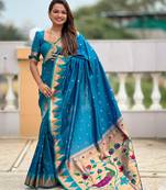 Sky blue color faux banarasi silk saree with paithani rich weaved pallu and blouse