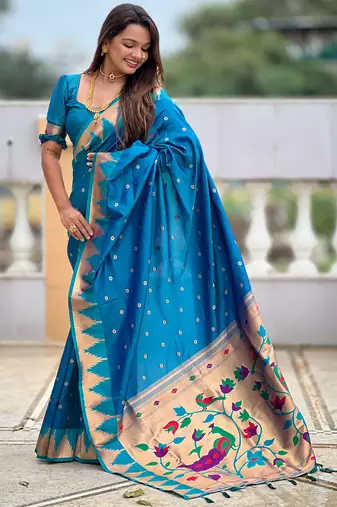 Sky blue color faux banarasi silk saree with paithani rich weaved pallu and blouse
